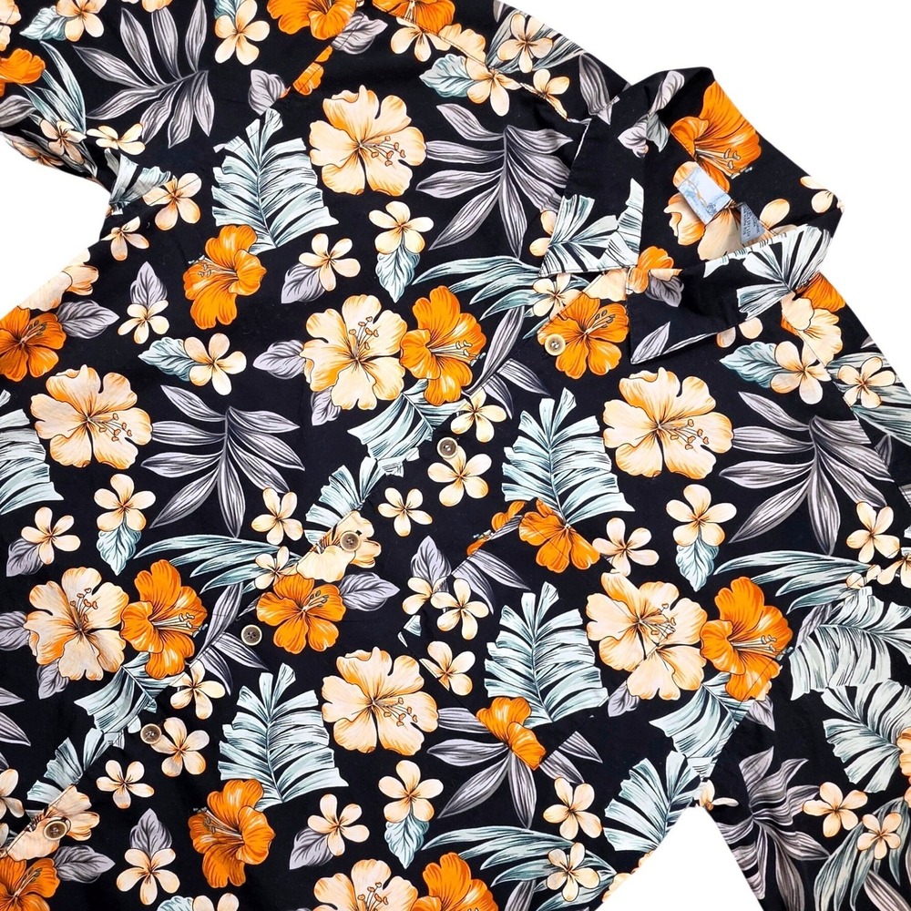Ocean Pacific Mens XXL Black Orange Tropical Floral Cotton Hawaiian Shirt